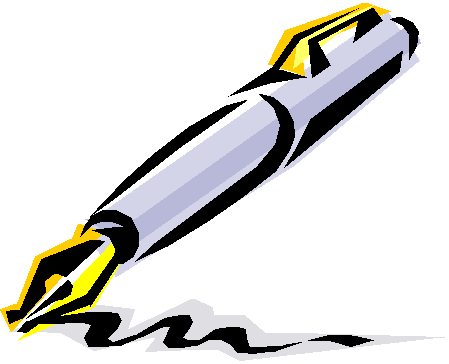 Stylized silver fountain pen with yellow accents writing a bold ink stroke on black background.