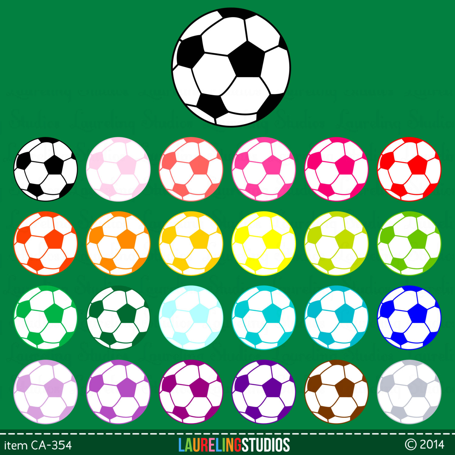 Classic black-and-white soccer ball above a grid of 24 colorful soccer ball variations on green background.