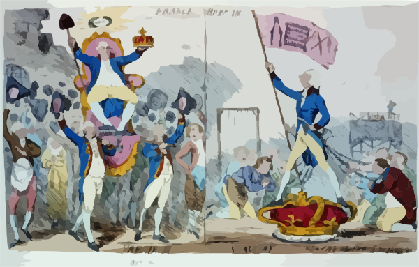 Satirical 19th-century political cartoon showing a crowned figure enthroned amid chaos, while another man raises a banner over a fallen crown.