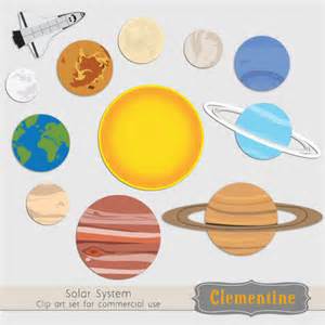 Colorful cartoon-style solar system clip art featuring the Sun, planets, and a space shuttle.