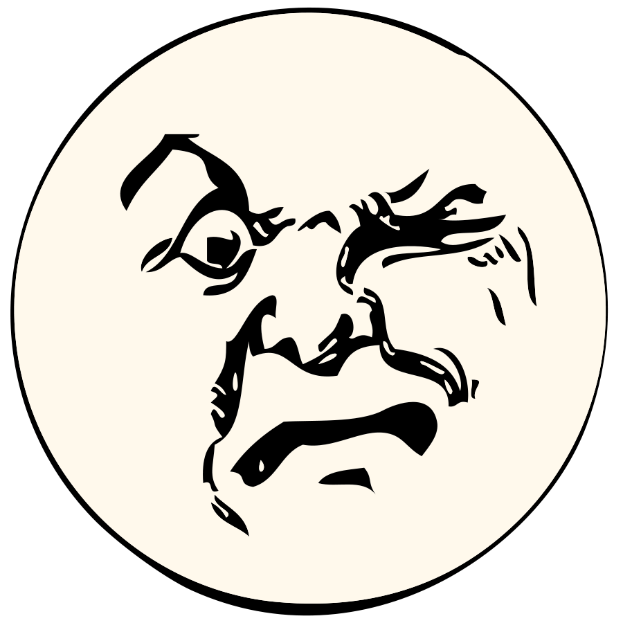 Black-and-white stylized illustration of a distressed human face with furrowed brows, wide eye, and open mouth inside a cream circle on black background.