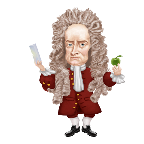Caricature of Isaac Newton holding a prism and green apple, in 17th-century attire with curly wig.