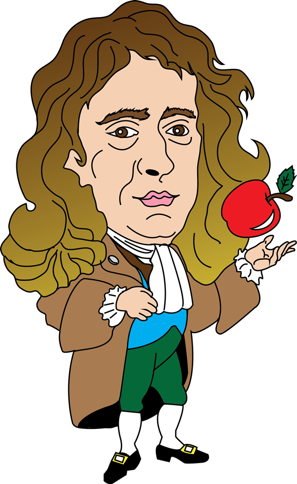 Caricature of Isaac Newton holding a red apple, symbolizing his theory of gravity.