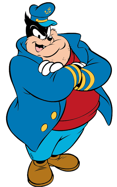 Peg-Leg Pete, Disney’s classic villain, stands confidently in a blue sailor outfit with arms crossed and a sly grin.