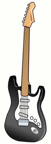 Black electric guitar with maple neck, white pickguard, and six strings, cartoon-style illustration.