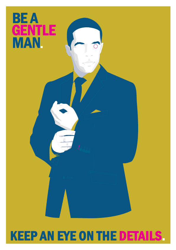 Stylized illustration of a man in a navy suit adjusting his cuff, with bold text "BE A GENTLE MAN" and "KEEP AN EYE ON THE DETAILS" on mustard background.
