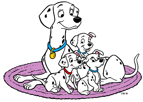 A mother Dalmatian dog sits with three playful puppies on a purple rug, all wearing colorful collars.