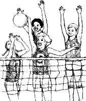 Four young people playing volleyball, jumping at the net with arms raised and a ball in mid-air.