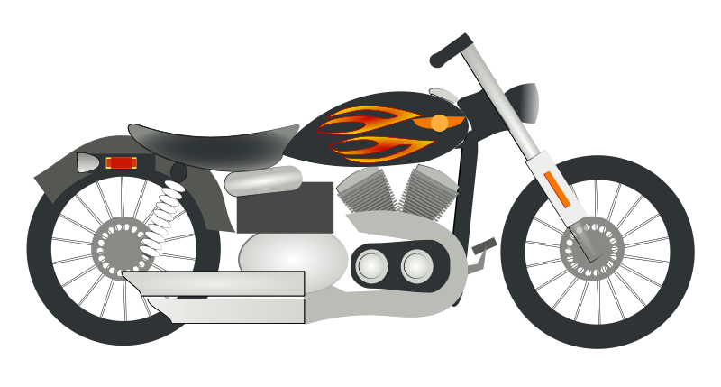 Stylized black motorcycle with orange flame graphics, chrome engine, and classic cruiser design on transparent background.