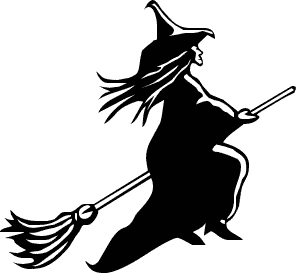 Black silhouette of a witch flying on a broomstick, wearing a pointed hat and flowing cloak.