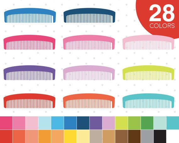 Collection of 12 colorful plastic combs in various hues with a 28-color palette shown below and top-right badge.