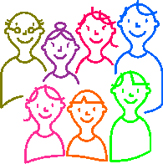 Seven diverse, smiling people drawn in colorful outlines forming a friendly group.
