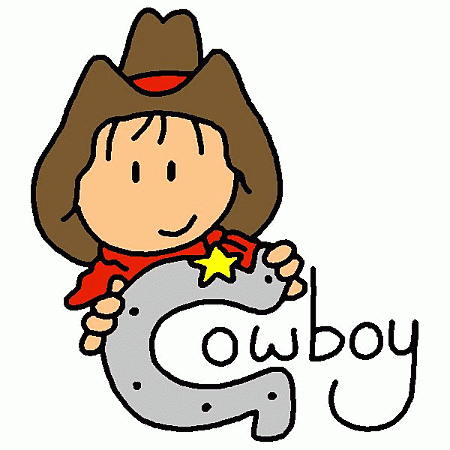 Cartoon cowboy child holding a horseshoe with "Cowboy" text, wearing brown hat and red bandana.