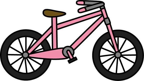 Pink children's bicycle with brown seat and black wheels, simple cartoon-style illustration.