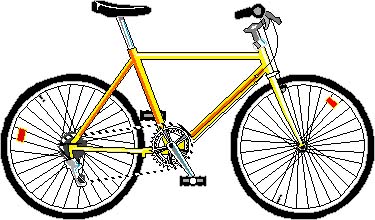 Yellow road bicycle with black tires, red reflectors, and visible chain and gear system.