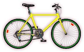 Bright yellow road bicycle with green wheel rims, red reflectors, black saddle and handlebars, and a classic diamond frame.