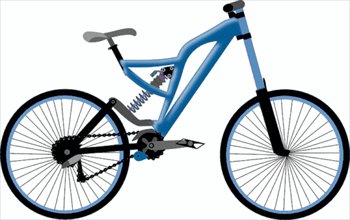 Blue full-suspension mountain bike illustration with black tires, silver chain, and gray saddle on white background.