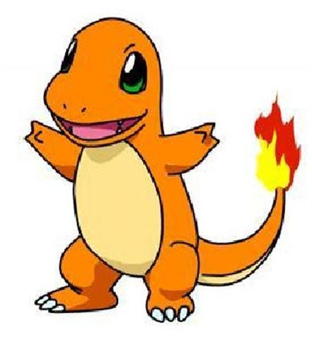 Charmander, the Fire-type Pokémon, standing cheerfully with a flame burning on its tail.