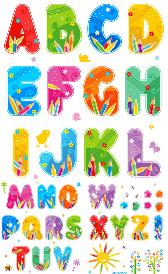 Colorful alphabet letters A-Z filled with pencils, flowers, and playful doodles for children's education.