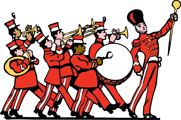 Vibrant cartoon illustration of a marching band in red uniforms with brass instruments and a drum major leading the formation.