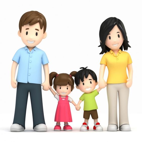 Happy cartoon family of four holding hands, smiling against white background.