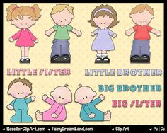 Six cartoon children labeled as little sister, little brother, big brother, and big sister in colorful outfits.