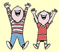 Two joyful cartoon children jumping with arms raised, smiling widely against a pale yellow background.