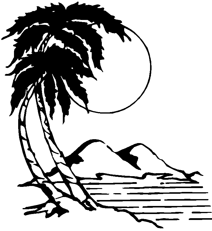 Silhouette of a leaning palm tree beside ocean waves with a large sun or moon in the background.