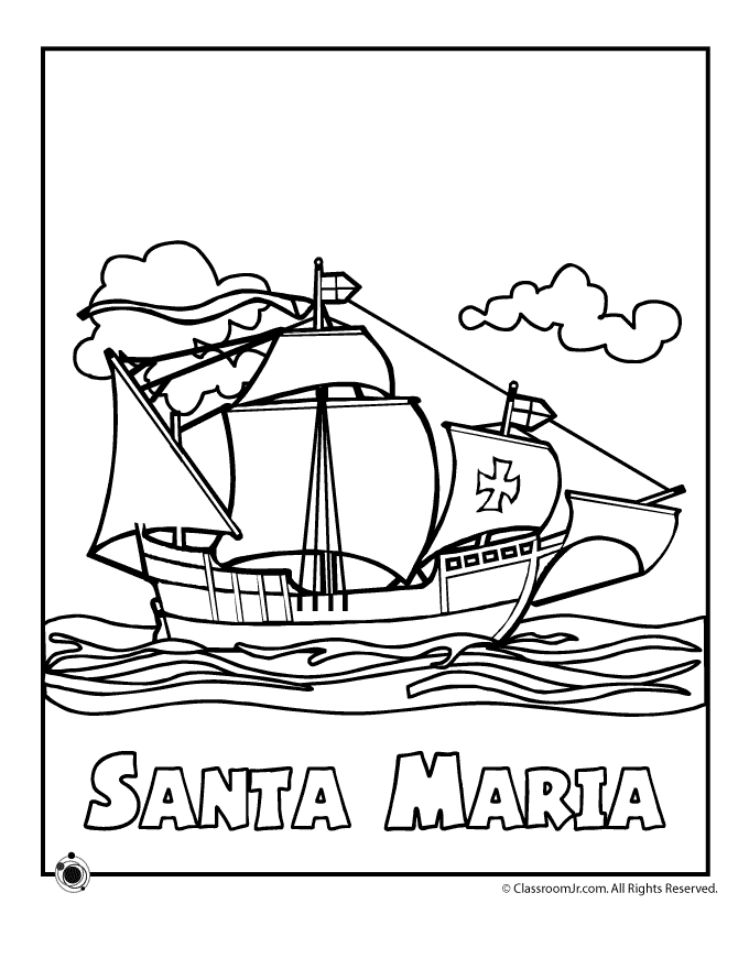 Black-and-white line drawing of the Santa Maria ship sailing on waves with clouds and a cross emblem on its sail.