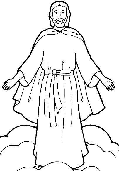 Jesus Christ standing on clouds with arms outstretched, wearing a robe and cloak, black-and-white line drawing.