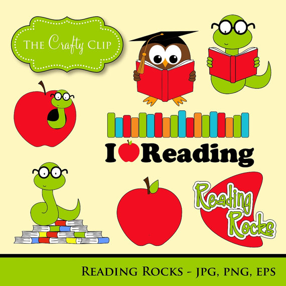 Colorful educational clipart featuring owls, snakes, apples, and books with "Reading Rocks" theme.