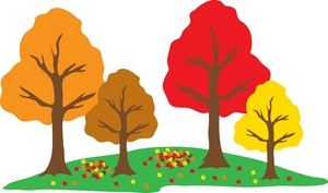 Five stylized autumn trees with orange, brown, red, and yellow foliage on a green hill with fallen leaves.