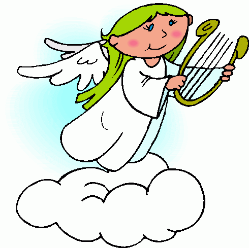A cheerful green-haired angel with white wings plays a golden harp while floating on a fluffy cloud.