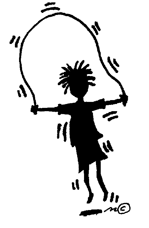 Silhouette of a child joyfully jumping rope with motion lines indicating energetic movement.