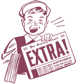 Vintage cartoon boy shouting while holding a newspaper with "EXTRA!" headline.