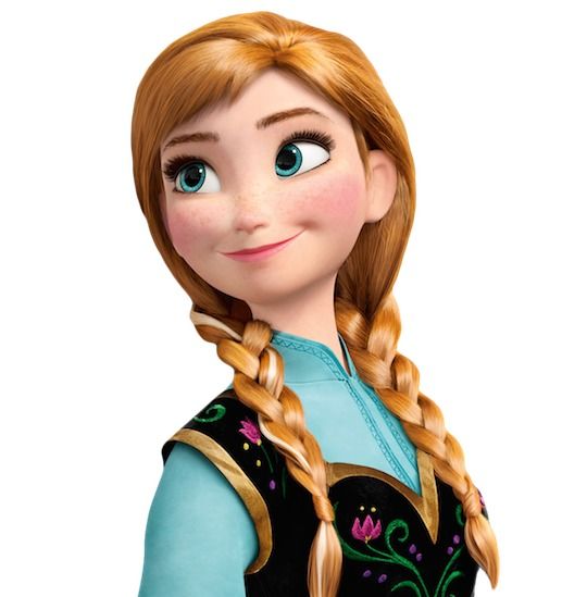 Anna from Disney's Frozen, smiling with braided red hair and a blue-and-black embroidered dress.