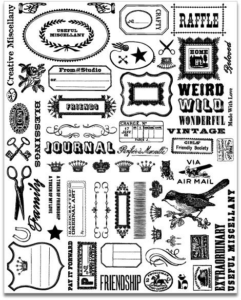 Black-and-white vintage-style graphic elements including frames, stamps, typography, scissors, crowns, and a bird illustration.