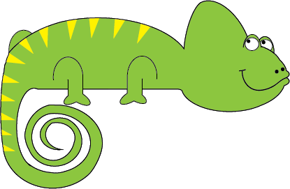 Green cartoon chameleon with yellow spikes and coiled tail, smiling on white background.