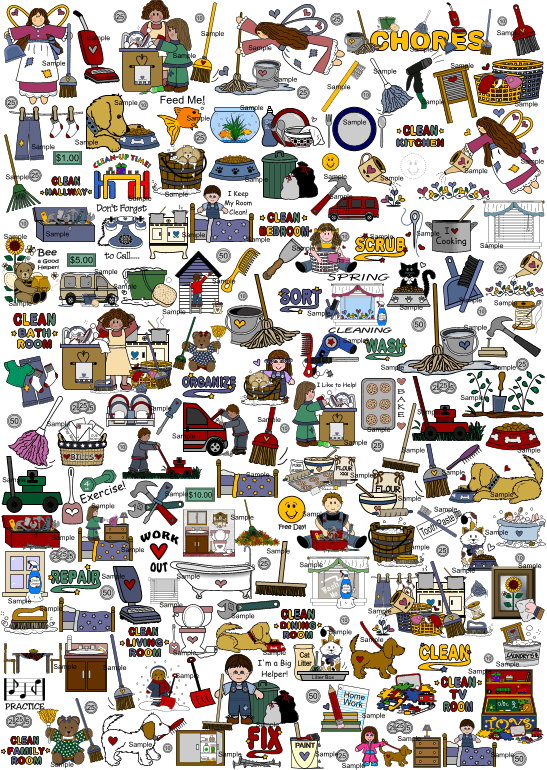 Colorful collage of cartoon illustrations depicting household chores, cleaning tasks, pet care, and family responsibilities.