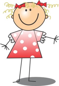 Cheerful cartoon girl with curly blonde hair, red bow, and polka-dot dress smiling broadly.