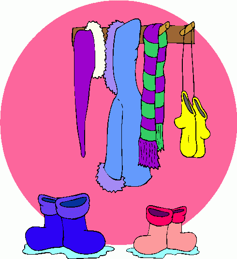 Colorful winter gear-coats, scarves, mittens, and boots-hanging on a wooden rack against a pink background.