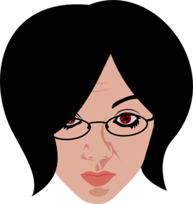 Stylized illustration of a woman with dark hair, glasses, and red eyes against a black background.