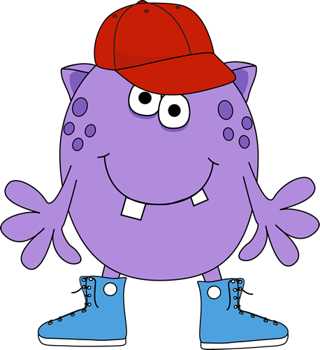 Purple cartoon monster with red cap, blue boots, and friendly smile.