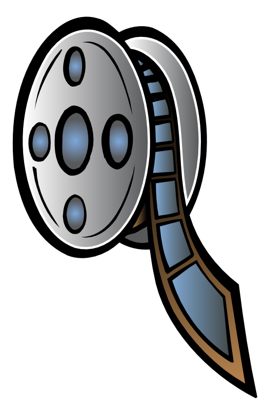 Silver film reel with unspooling strip of blue-tinted movie frames, cartoon-style illustration.