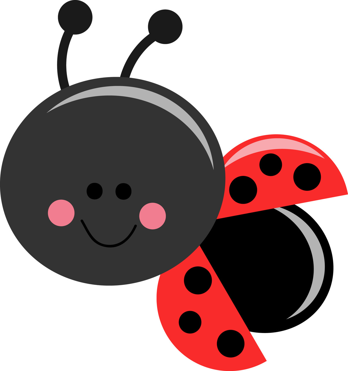 Cute cartoon ladybug with a smiling black head, pink cheeks, and red spotted wings on white background.