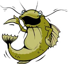 Cartoon green catfish with wide-open mouth, whiskers, and expressive eyes, swimming energetically.