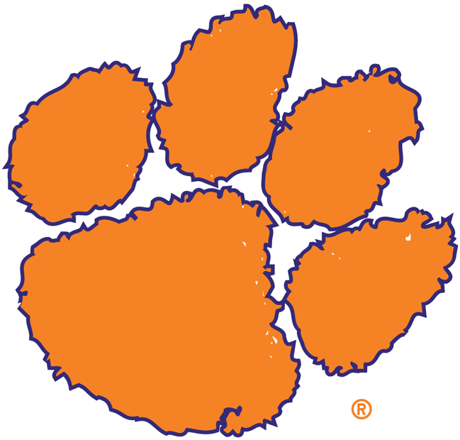 Clemson University Tigers paw print logo in orange with purple outline