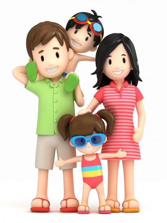 Happy cartoon family of four in swimwear and goggles, ready for a beach day.