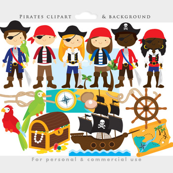 Colorful cartoon pirate characters with accessories like treasure chests, ships, parrots, and maps for personal and commercial use.