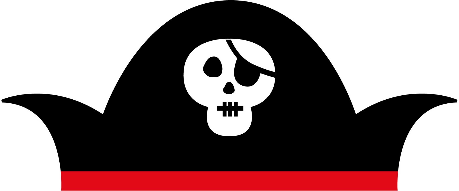 Black pirate hat with white skull, eye patch, and red band-classic buccaneer symbol.